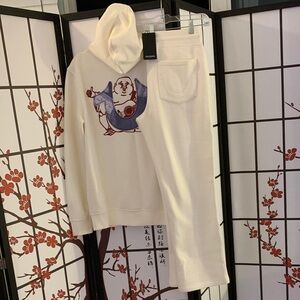 True Religion Logo Cream Hoodie and Sweatpant Set, s/M